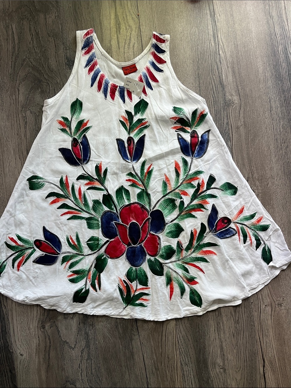 Hand-Painted Floral White Tank Dress with Red, Blue & Green Accents